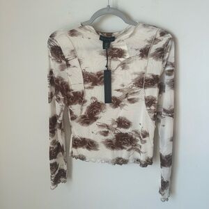 Cream Brown Rose Mesh Long Sleeve Top